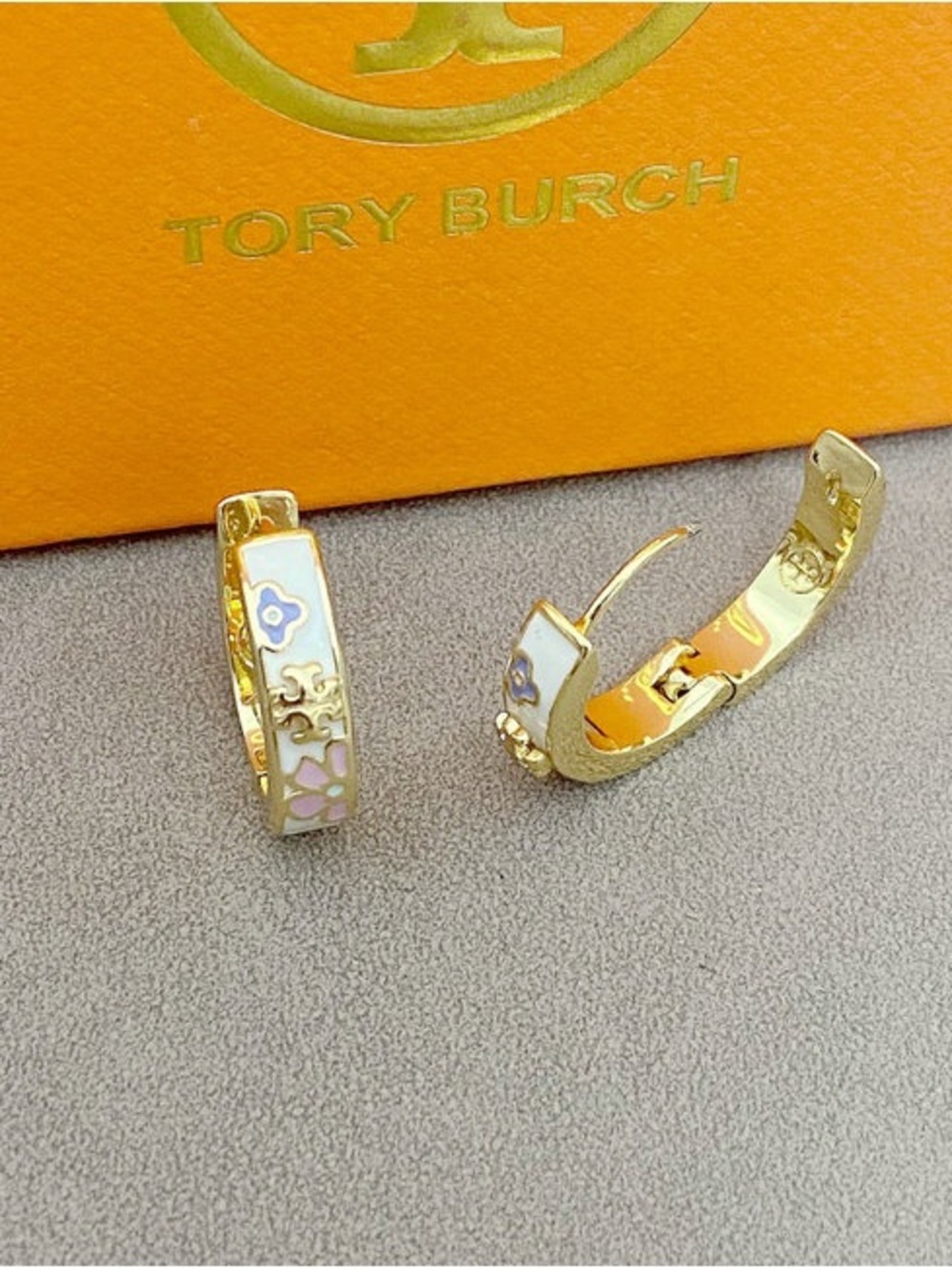 Tory Burch Gold-Plated Hoop Earrings with Pastel Enamel Floral